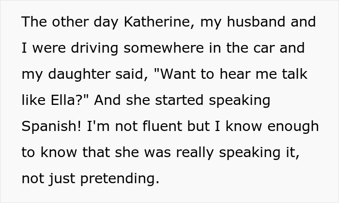 Daughter speaking Spanish in car while husband bans nanny from teaching Spanish lessons to her.