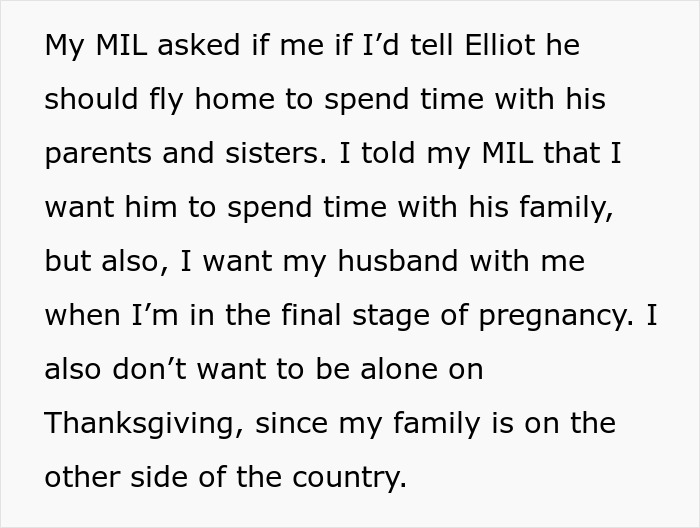 Text post discussing a MIL upset about son choosing wife and baby over family during pregnancy and Thanksgiving.