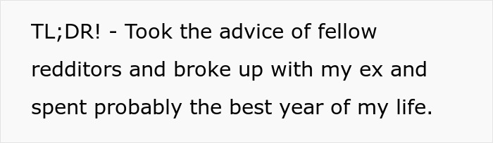 Text post on a social media platform about breaking up with a toxic girlfriend who refused to block a bestie.