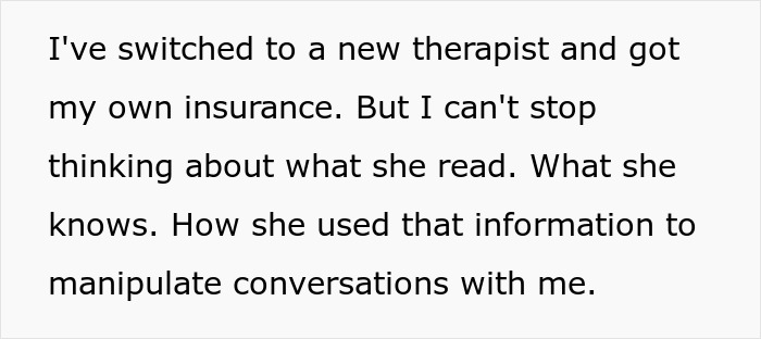Text describing a woman unable to trust her mom after discovering she spied on her therapy sessions and manipulated her.