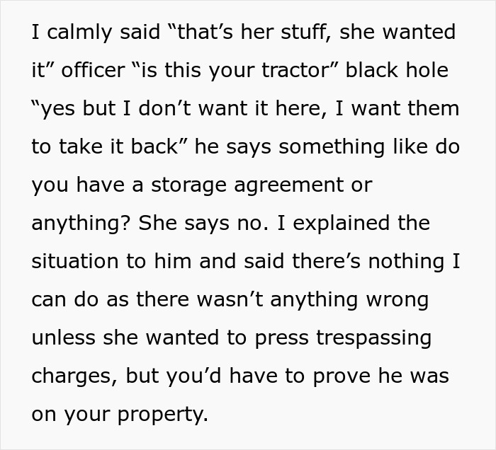 Alt text: Dispute over an inherited tractor with a toxic MIL and son-in-law responding with maximum pettiness and legal talk.