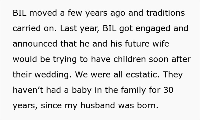 Text excerpt about family traditions and excitement over BIL’s future wife trying to have children soon after wedding, involving woman purposely excluding sick DIL. Text excerpt about family traditions and excitement over BIL’s future wife trying to have children soon after wedding, involving woman purposely excluding sick DIL.