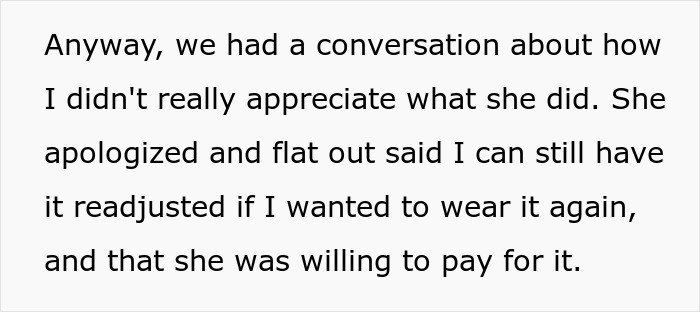 Text excerpt discussing a woman refusing to pay for alterations made to a borrowed dress without permission.
