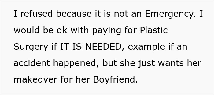 Text excerpt discussing refusal to approve plastic surgery from a family health fund due to lack of emergency or necessity.