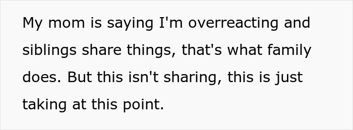 Text overlay of woman explaining family conflict about borrowing car, siblings sharing, and accusations of overreacting. Text overlay of woman explaining family conflict about borrowing car, siblings sharing, and accusations of overreacting.