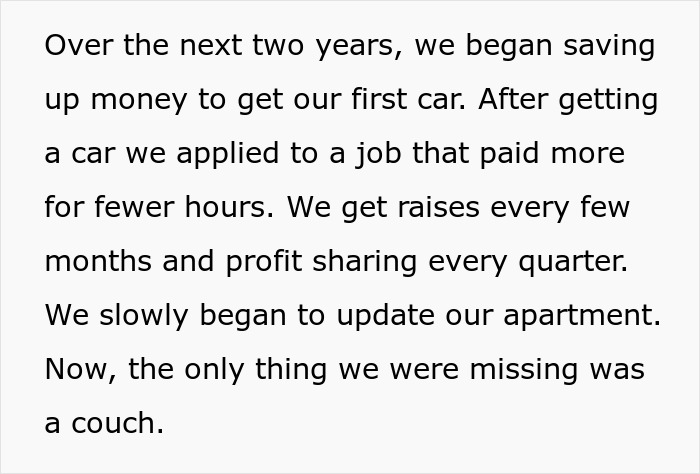 Text excerpt discussing saving money, job changes, raises, and updating an apartment, related to obese lady chair dispute.