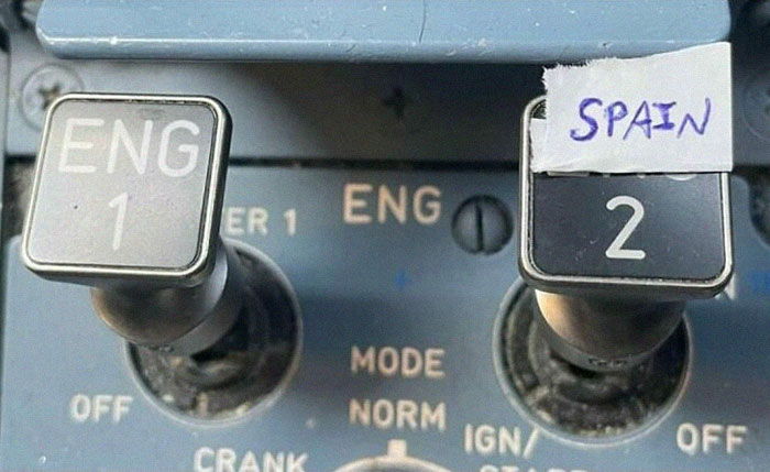 Aircraft engine control switches labeled ENG 1 and ENG 2 with a Spain sticker, aviation memes about flying and aircraft systems.