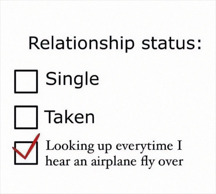 Relationship status checklist with a red check on looking up when hearing an airplane for aviation memes fans.
