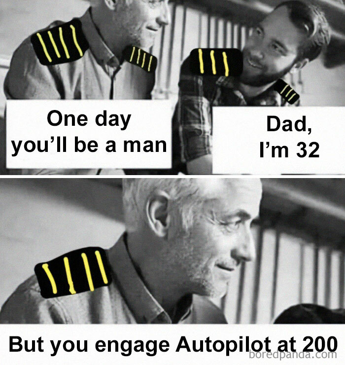Two men in pilot uniforms share a humorous aviation meme about age and engaging autopilot at 200.