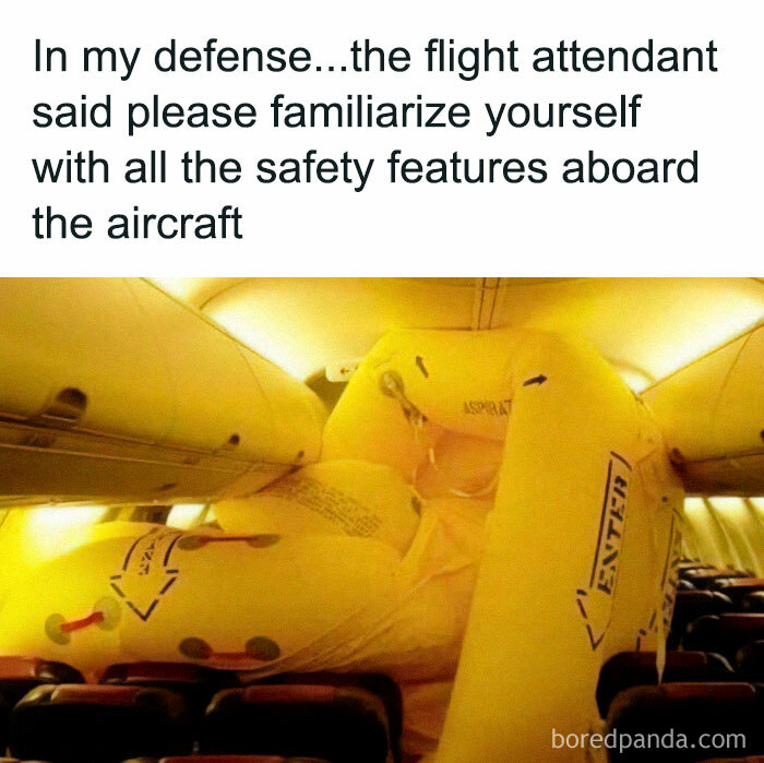 Inflated airplane safety equipment humor inside a cabin, highlighting aviation memes for frequent flyers in the air.
