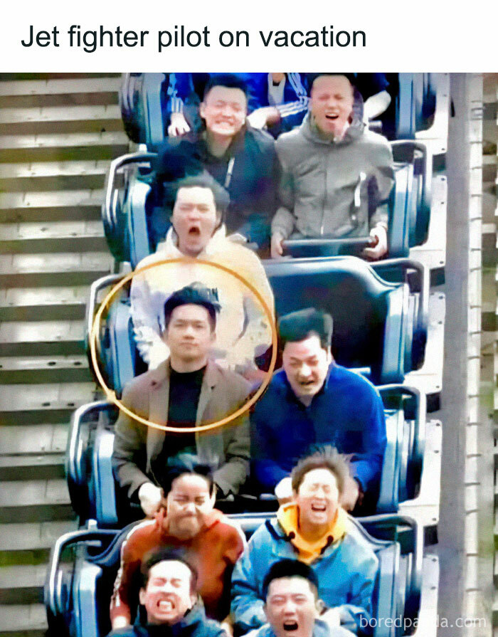 Group of people on a roller coaster with one calm man circled, illustrating aviation memes for frequent air travelers.