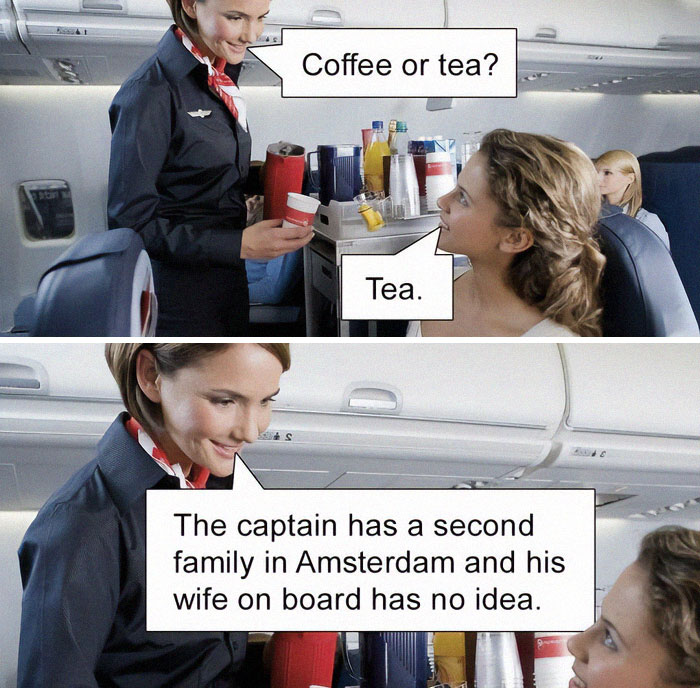 Flight attendant serving drinks on airplane, sharing a humorous aviation meme about the captain’s secret life.