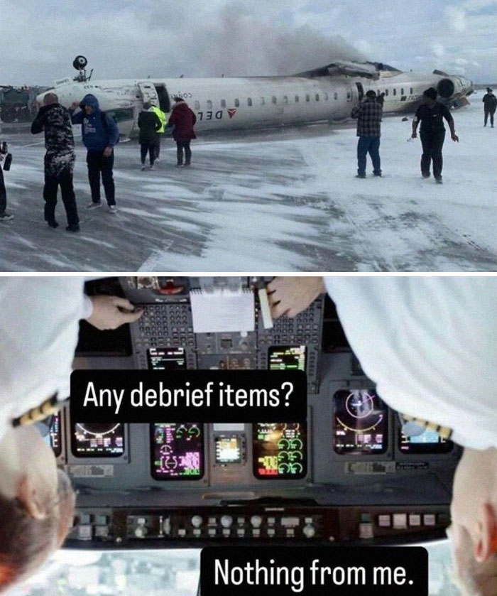 Two-part aviation meme showing a crashed plane on snow and pilots in cockpit with humor about debrief items, aviation memes.