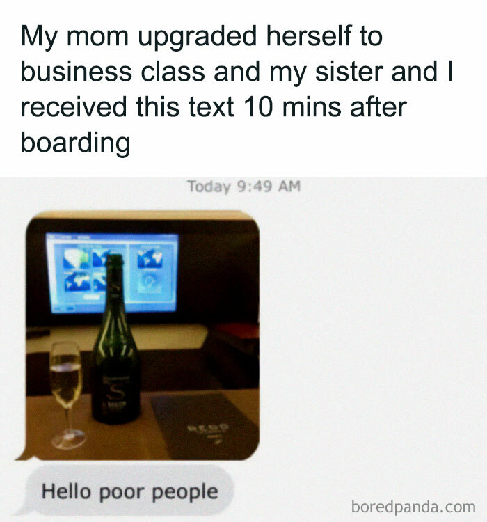 Text message showing champagne and business class screen, a humorous aviation meme about upgrading and flying experience.