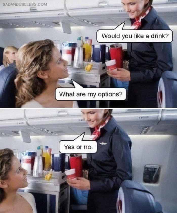 Passenger asking flight attendant for drink options, highlighting aviation memes about air travel experiences and humor.