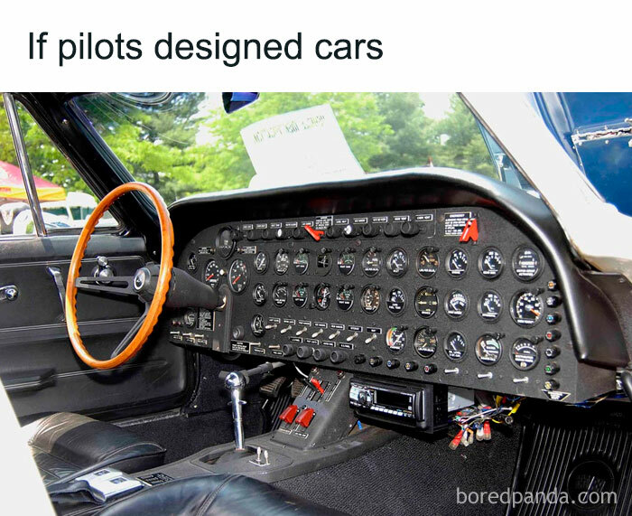 Car interior with airplane cockpit gauges and controls, blending aviation instruments for aviation memes.