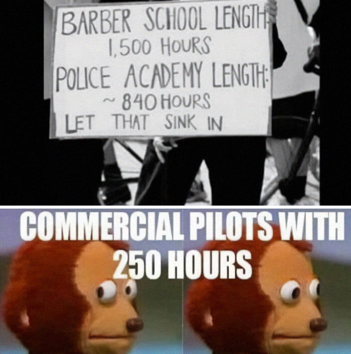 Comparison of training hours for barber school, police academy, and aviation commercial pilots with a nervous monkey meme reaction.