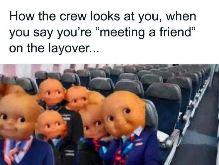 Flight crew with curious expressions on a nearly empty airplane, aviation memes for people who spend more time in the air than on the ground