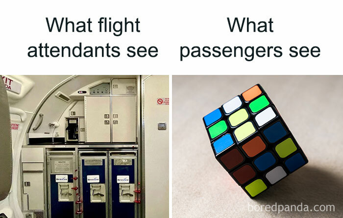 Side-by-side images showing an airplane galley from flight attendants' view and a scrambled Rubik's cube from passengers' view, aviation memes.