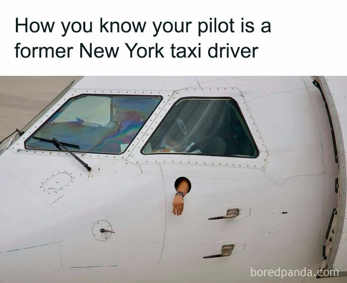 Pilot with arm extended out of cockpit window, humorous aviation meme for people who spend more time in the air than on the ground.