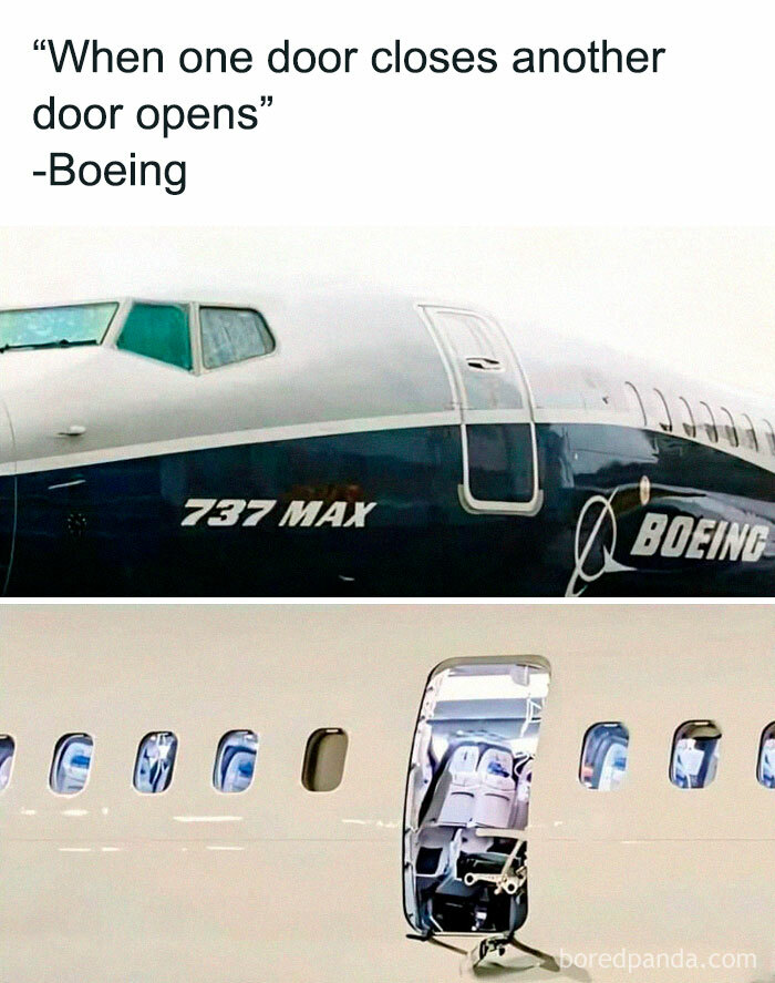 Boeing 737 Max airplane with an open door showing the interior, highlighting aviation memes for frequent flyers.