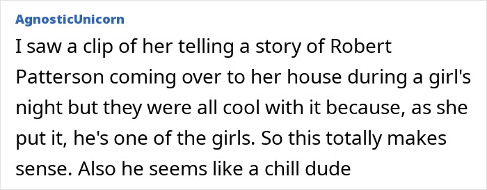 Screenshot of a user comment discussing Jennifer Lawrence and her experiences with male co-stars and relationships.