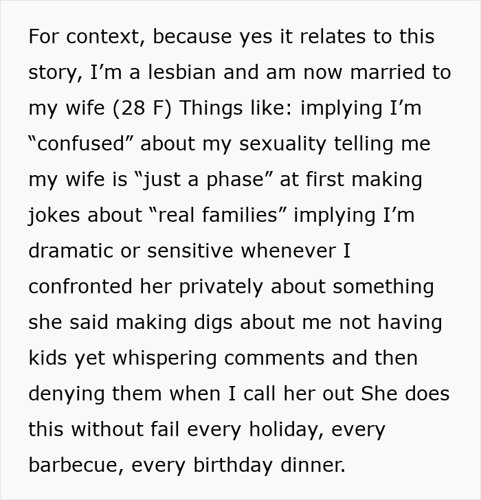 Text describing a woman’s experience facing negative comments about her sexuality from a stepdaughter during family gatherings. Text describing a woman’s experience facing negative comments about her sexuality from a stepdaughter during family gatherings.