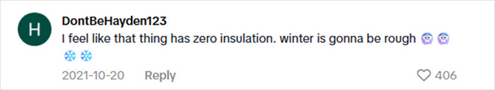 Comment expressing concern about a woman's viral $15K cabin in the woods having zero insulation and harsh winter conditions.
