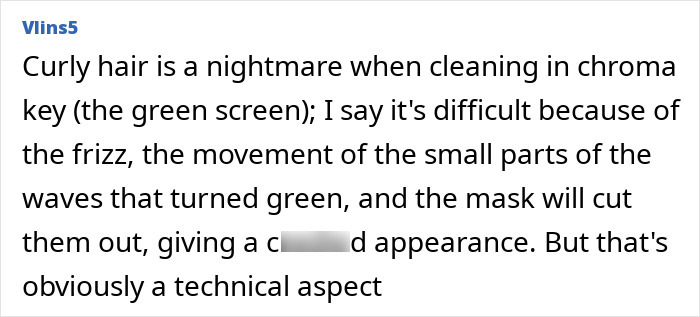 Screenshot of a forum comment discussing challenges with curly hair and green screen effects related to appearance changes in live-action Moana.