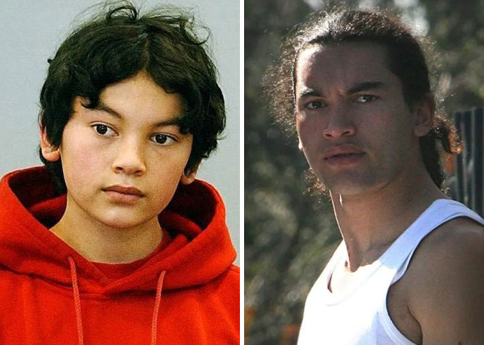 Young male child criminals pictured side by side, one wearing a red hoodie, the other in a white tank top outdoors.
