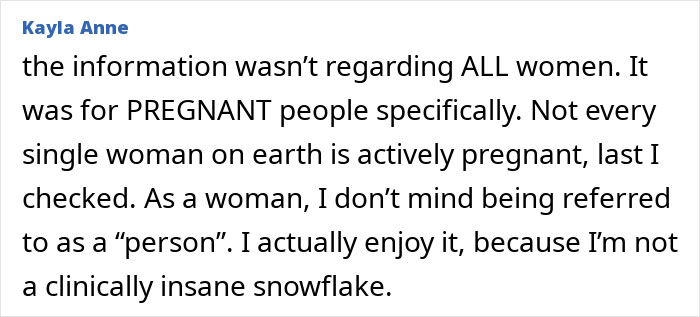 Commenter Kayla Anne discussing pregnancy and gender terminology in a text post responding to an online topic.