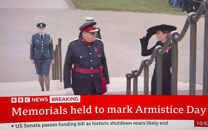 BBC breaking news screen showing Armistice Day memorials with Princess Kate and uniformed officials during the ceremony.
