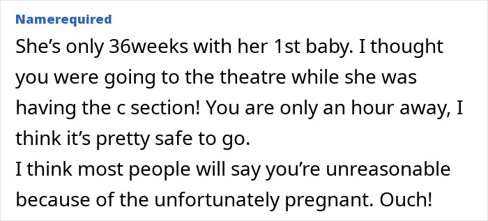 Text post about a pregnant daughter at 36 weeks, discussing cancelling theatre plans due to her condition.
