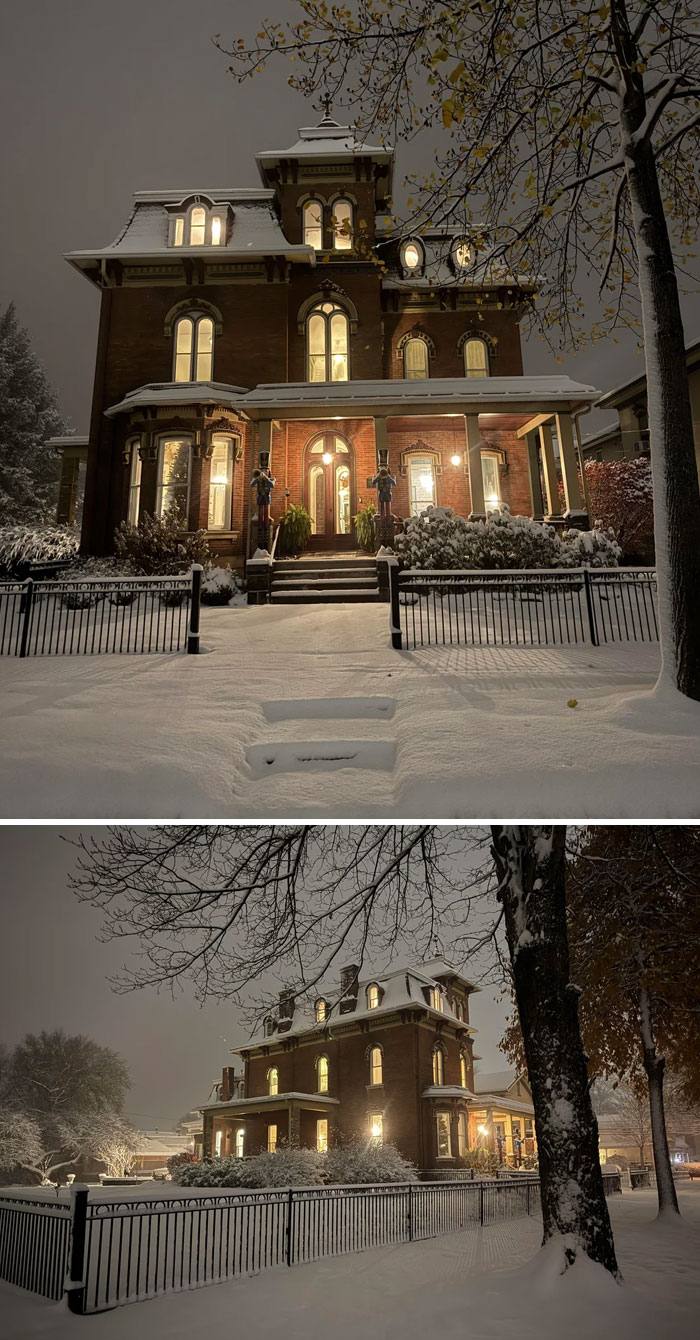 Beautiful old house illuminated at night with snow-covered yard, showcasing craftsmanship and timeless architectural details.