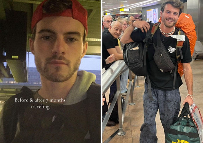 Side-by-side images showing a young man before and after 7 months traveling long-term, carrying bags at an airport.