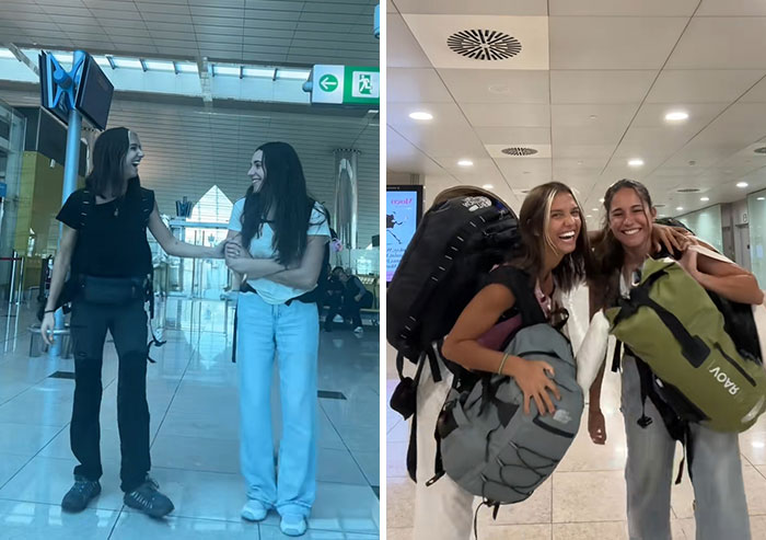 Two women smiling and carrying backpacks at airports, showing how travelling long-term changed them emotionally and visually.