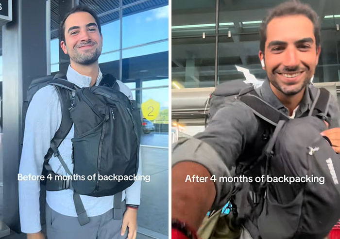 Young man smiling before and after long-term backpacking, showing how travelling long-term changed his appearance and confidence.