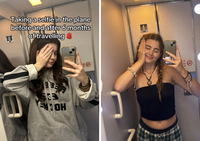 Before and after photos of a young woman on a plane showing changes from long-term travelling experiences.