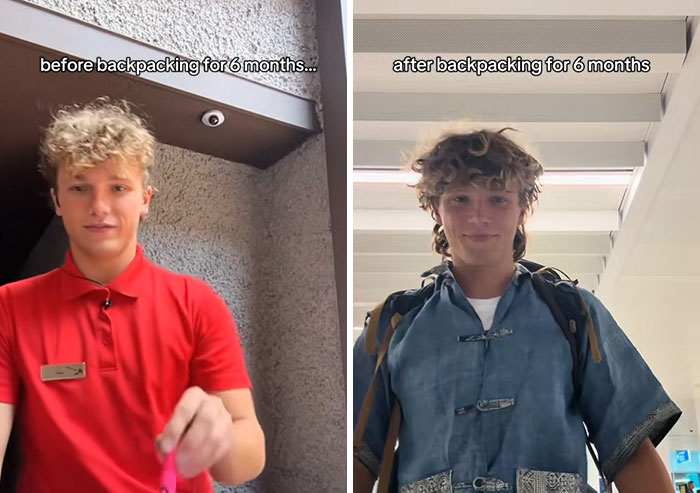 Young man before and after long-term backpacking, showing changes from traveling long-term experiences.