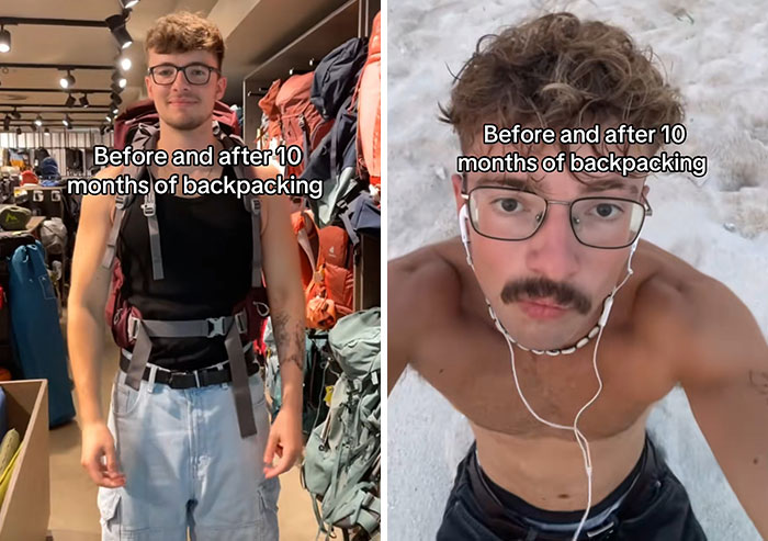 Young man showing physical changes before and after 10 months of long-term backpacking travel experience.