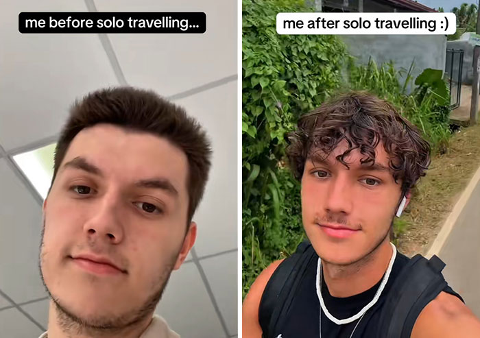 Side-by-side images of a man before and after solo travelling, showing changes in appearance and confidence from long-term travel.