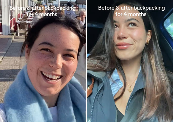Two women showing before and after photos illustrating how travelling long-term and backpacking for four months changed them.