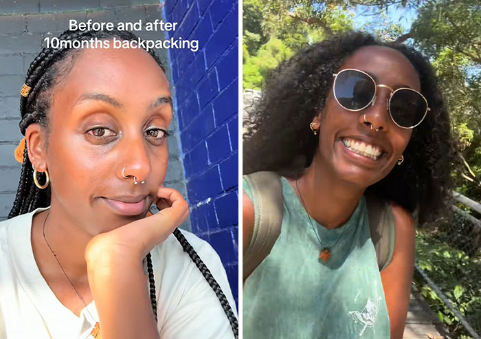 Before and after photos of a woman showing changes after 10 months of long-term travelling and backpacking experiences.