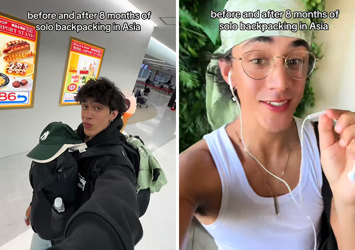 Before and after photos of a young man showing changes from long-term solo backpacking in Asia for eight months
