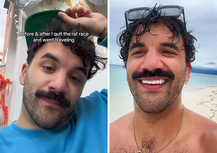Man showing before and after effects of long-term travelling, smiling indoors and later at a beach with sunglasses on head