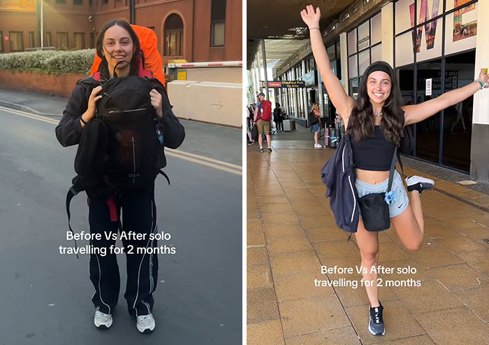 Young woman before and after solo travelling for 2 months, showing how travelling long-term changed her appearance and mood.