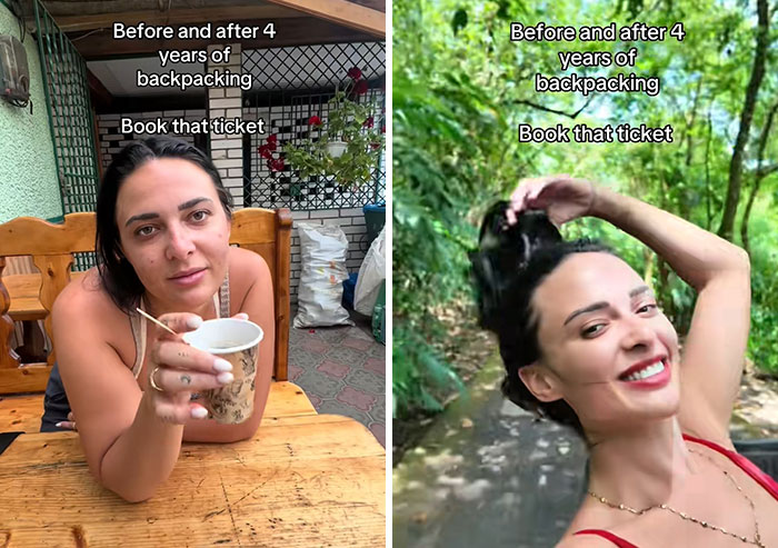 Before and after photos of a woman showing how travelling long-term changed her, smiling outdoors with a natural background.