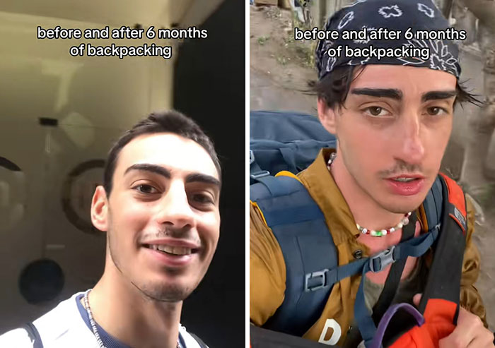 Before and after photos of a man showing changes after six months of long-term backpacking travel experience.