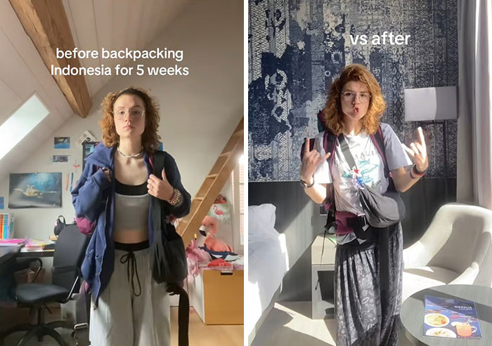Young woman showing transformation before and after backpacking Indonesia for 5 weeks, illustrating long-term travelling changes.