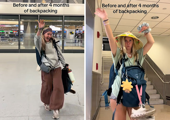 Two young women celebrating before and after 4 months of backpacking, showing changes from long-term travelling experiences.